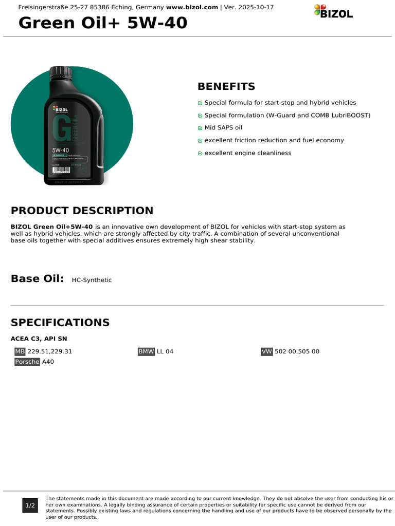 Green Oil+ 5W-40-English-2025-10-17 | PDF | Motor Oil | Viscosity