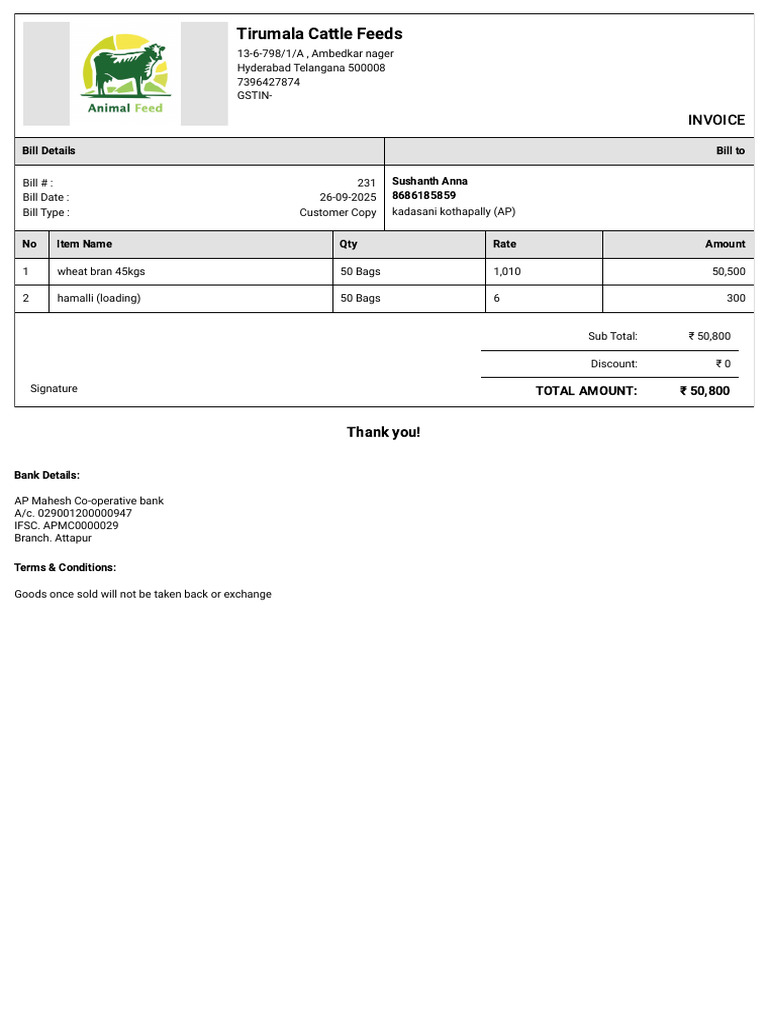 Invoice for Tirumala Cattle Feeds | PDF