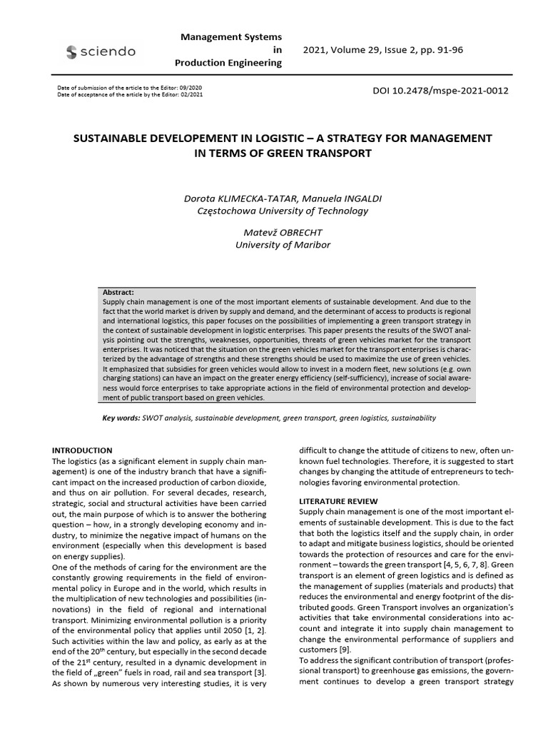 Green Transport Strategy for Logistics | PDF | Sustainable Transport ...