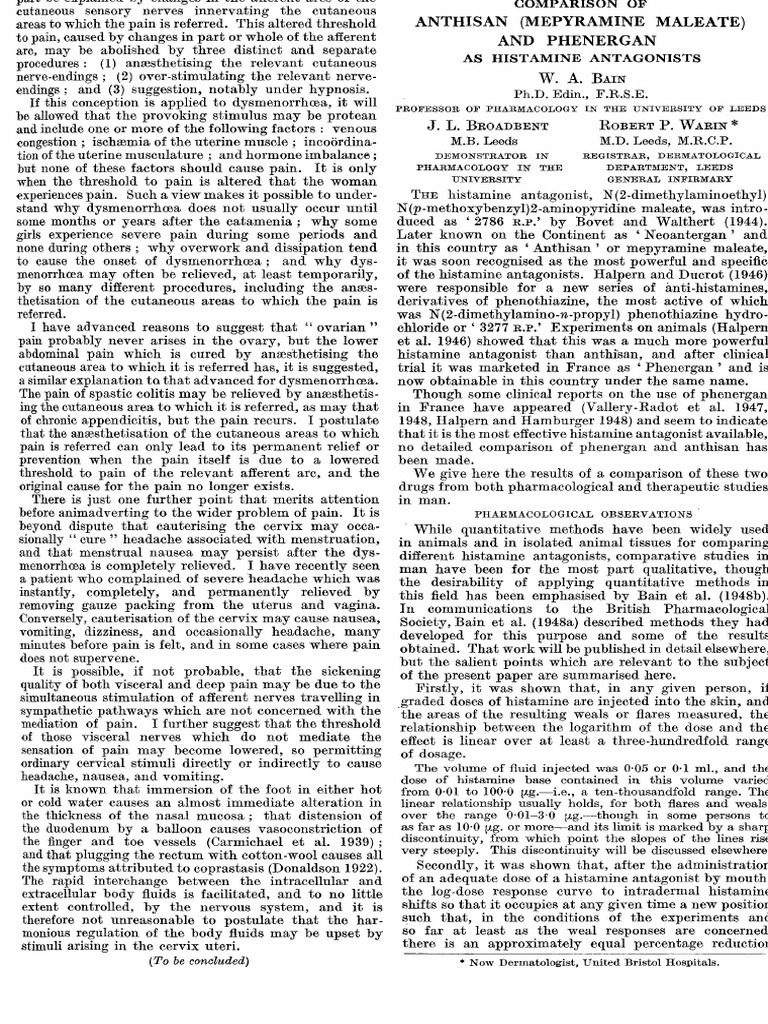 Comparison of Anthisan and Phenergan (Bain 1949) | PDF | Pain ...