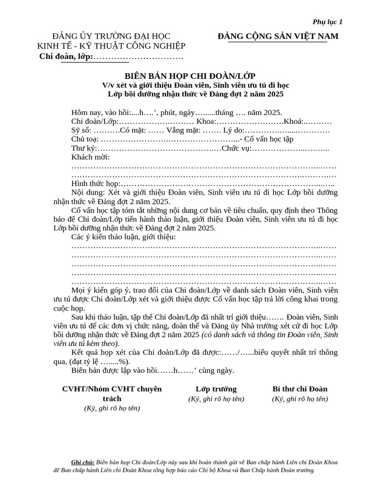 Phu Luc 1 Mau Bien Ban Hop Lop Chi Doan Dot 2 2025 | PDF