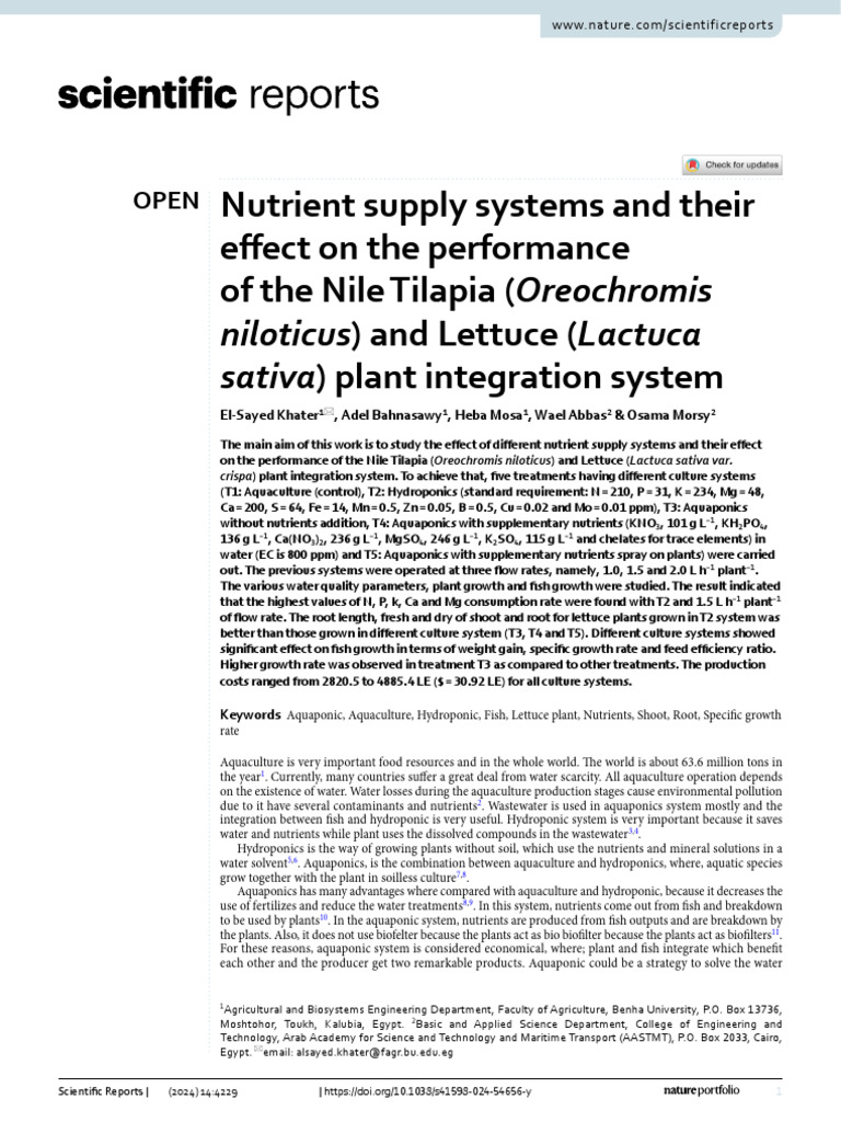 Nutrient Supply Systems and Their Effect On The Performance of The Nile ...