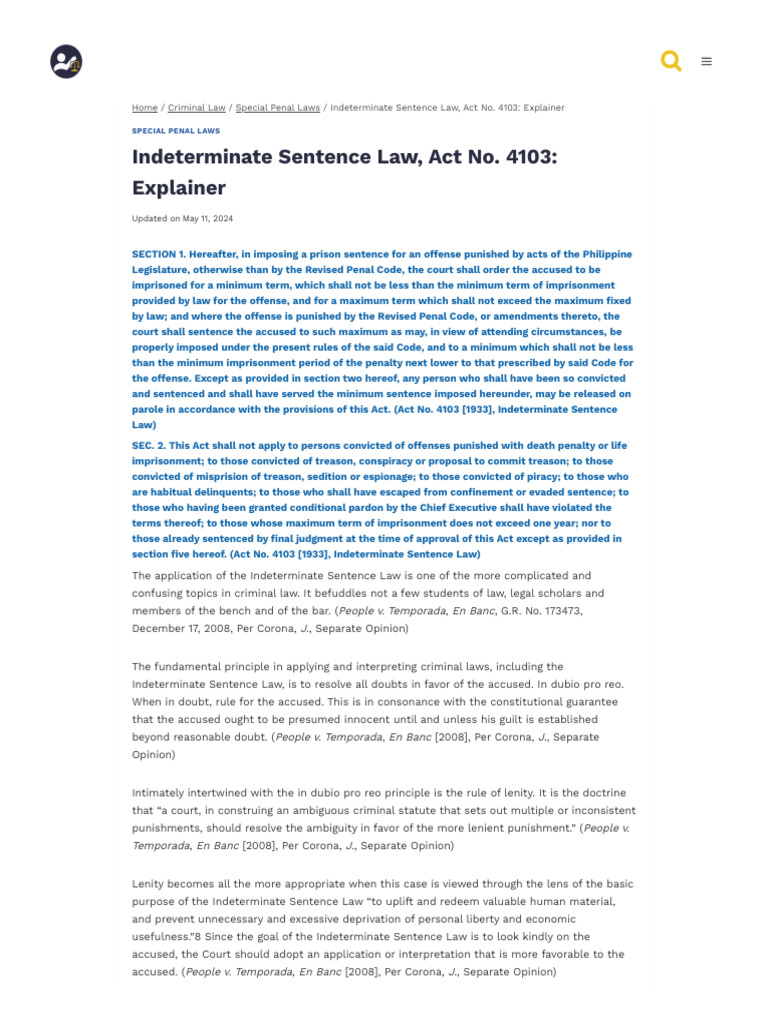 Indeterminate Sentence Law, Act No. 4103 - Explainer - Legal Resource ...