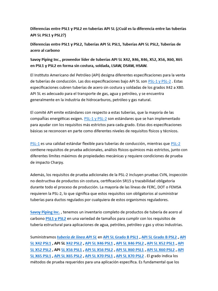 Diferencias entre Tuberías PSL1 y PSL2 | PDF | Tubería (transporte de ...