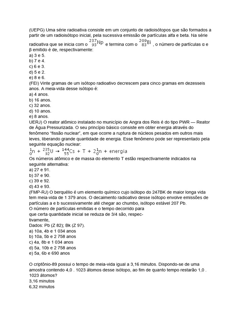 Questões sobre Radioatividade e Reações Químicas | PDF | Radioatividade ...