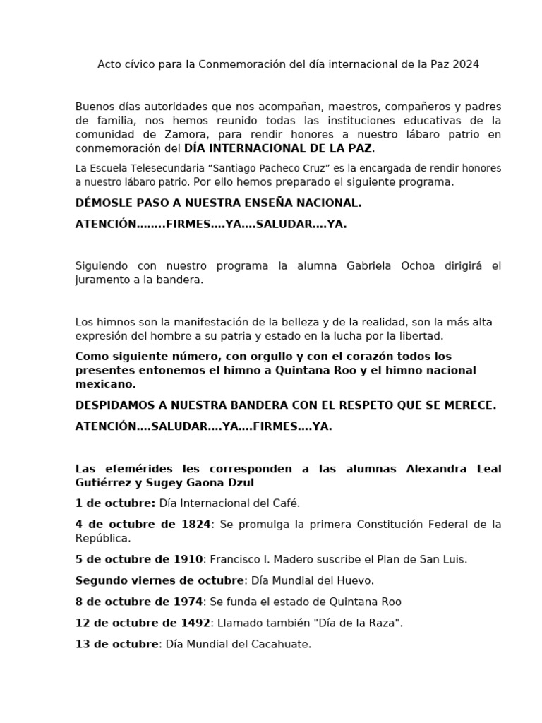 Acto Cívico por el Día de la Paz 2024 | PDF