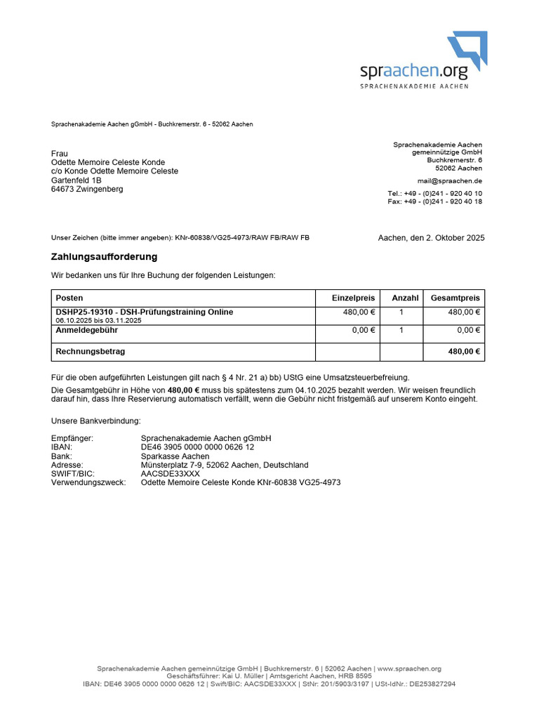 Zahlungsaufforderung KNR 60838 VG25 4973 | PDF