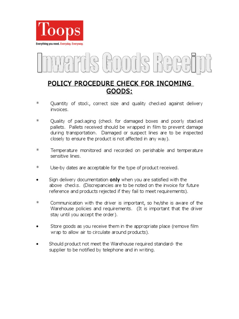 Incoming Goods Receiving Procedure | PDF | Delivery (Commerce) | Warehouse