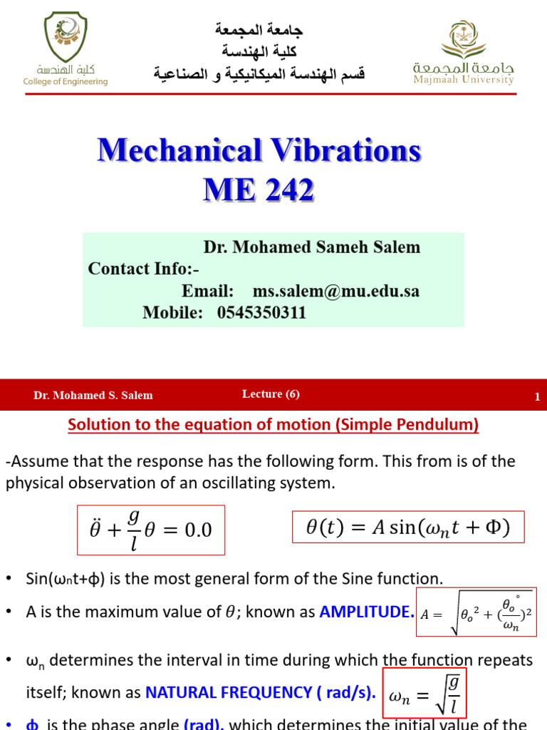 Mechanical Vibrations Lecture Notes | PDF | Oscillation | Physical ...