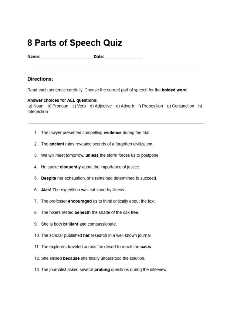 8 Parts of Speech Quiz | PDF