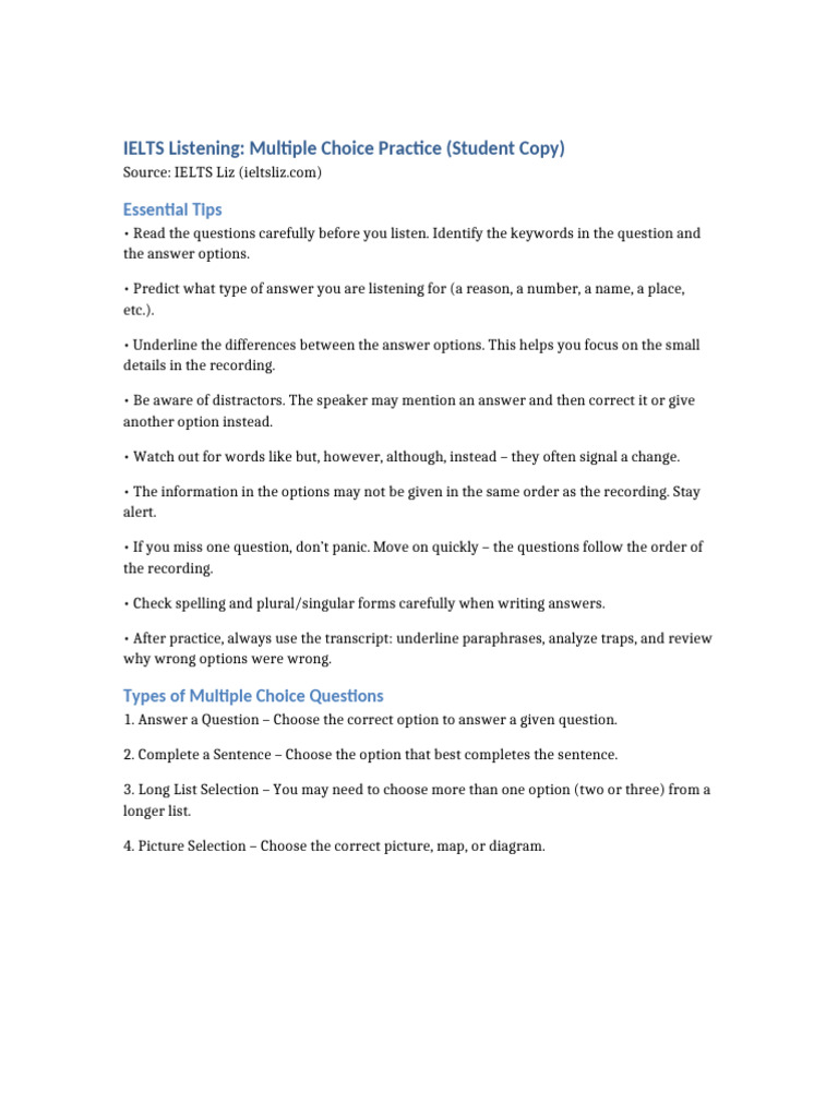 IELTS Listening Multiple Choice Practice | PDF | Multiple Choice