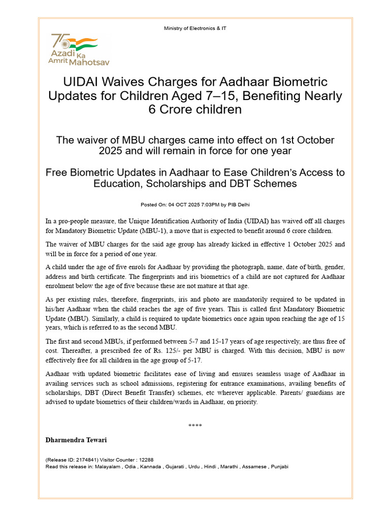 Rges For Aadhaar Biometric Updates For Children Aged 715 | PDF