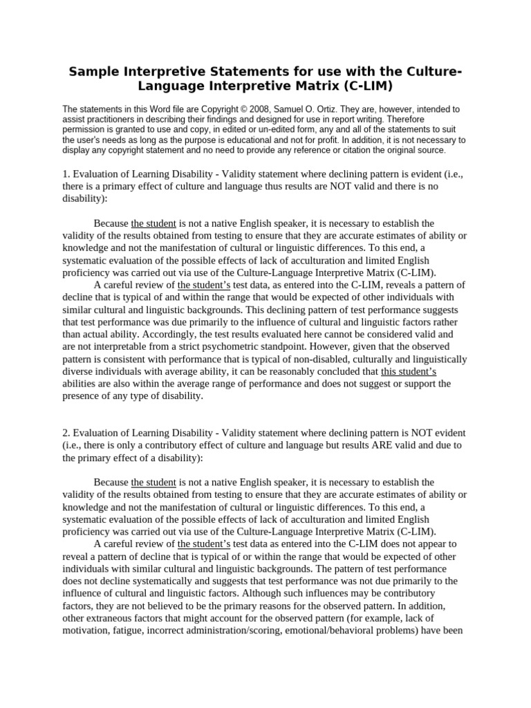 C-LIM Interpretive Statements Guide | PDF | Learning Disability ...