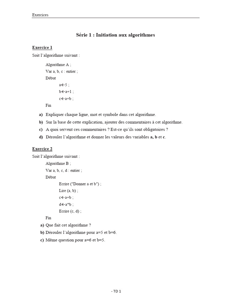 Exercices d'initiation aux algorithmes | PDF | Programmation ...