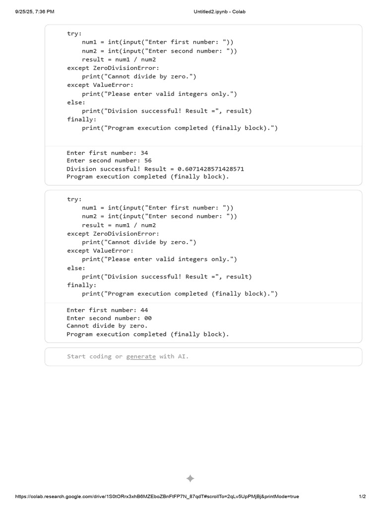 Python Division Error Handling Example | PDF