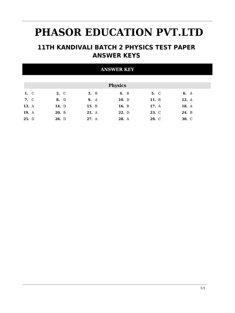 11th Kandivali Batch 2 Physics Test Answer Keys 2-09-2025 | PDF