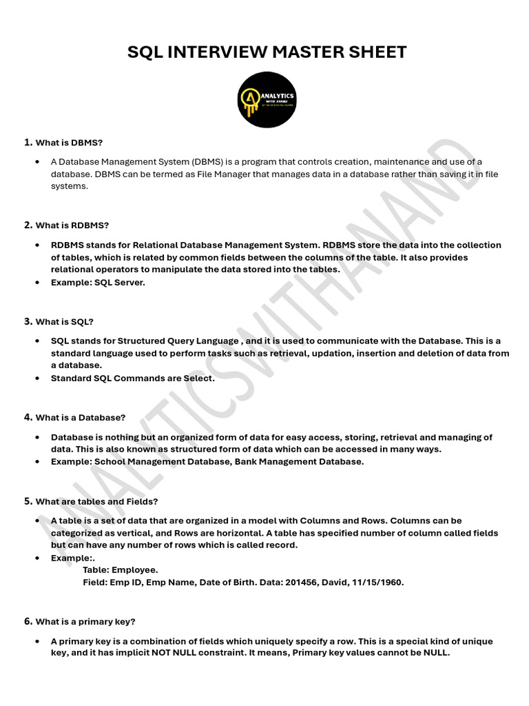 SQL Interview Questions and Concepts | PDF | Databases | Database Index