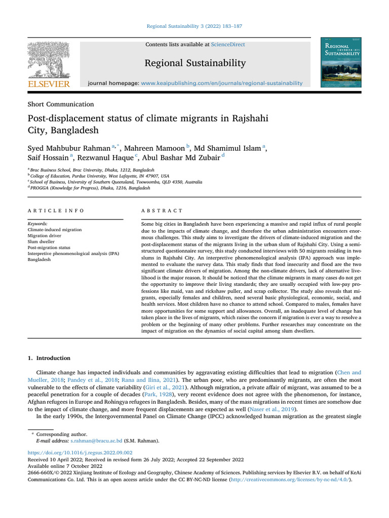 Post-Displacement Status of Climate Migrants in Rajshahi | PDF | Slum ...