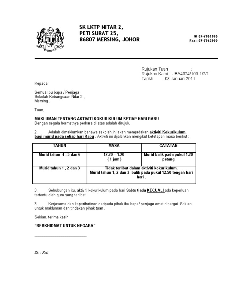 Surat Makluman Kepada Ibubapa Aktiviti Koko