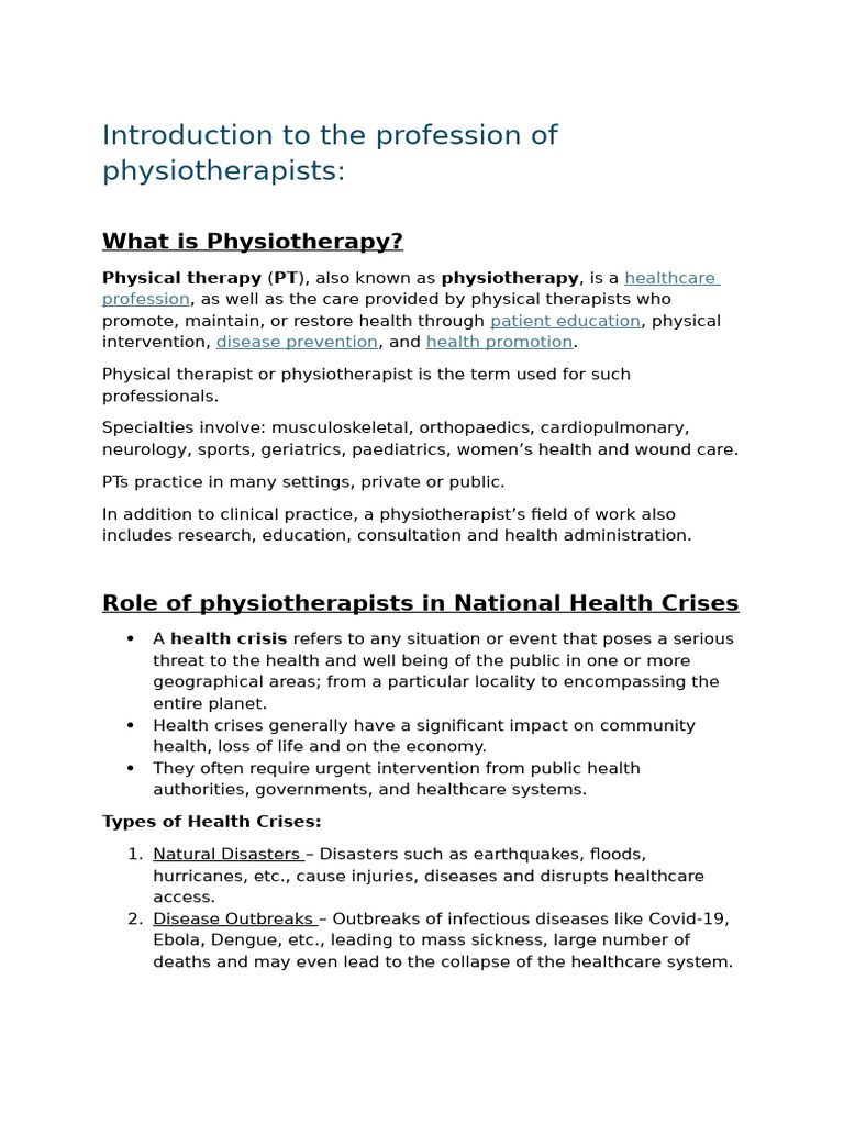 Role of Physiotherapists in Health Crises | PDF | Physical Therapy ...