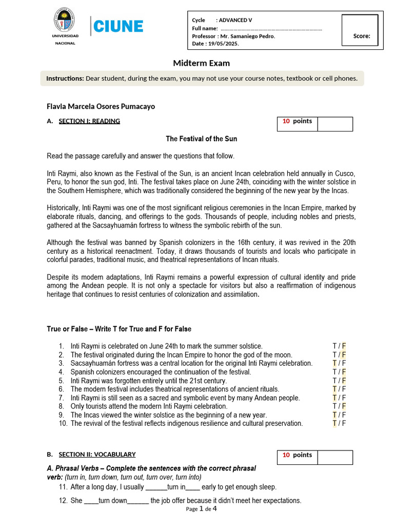 Mid Term Exam Advanced 05 | PDF | Inca Empire