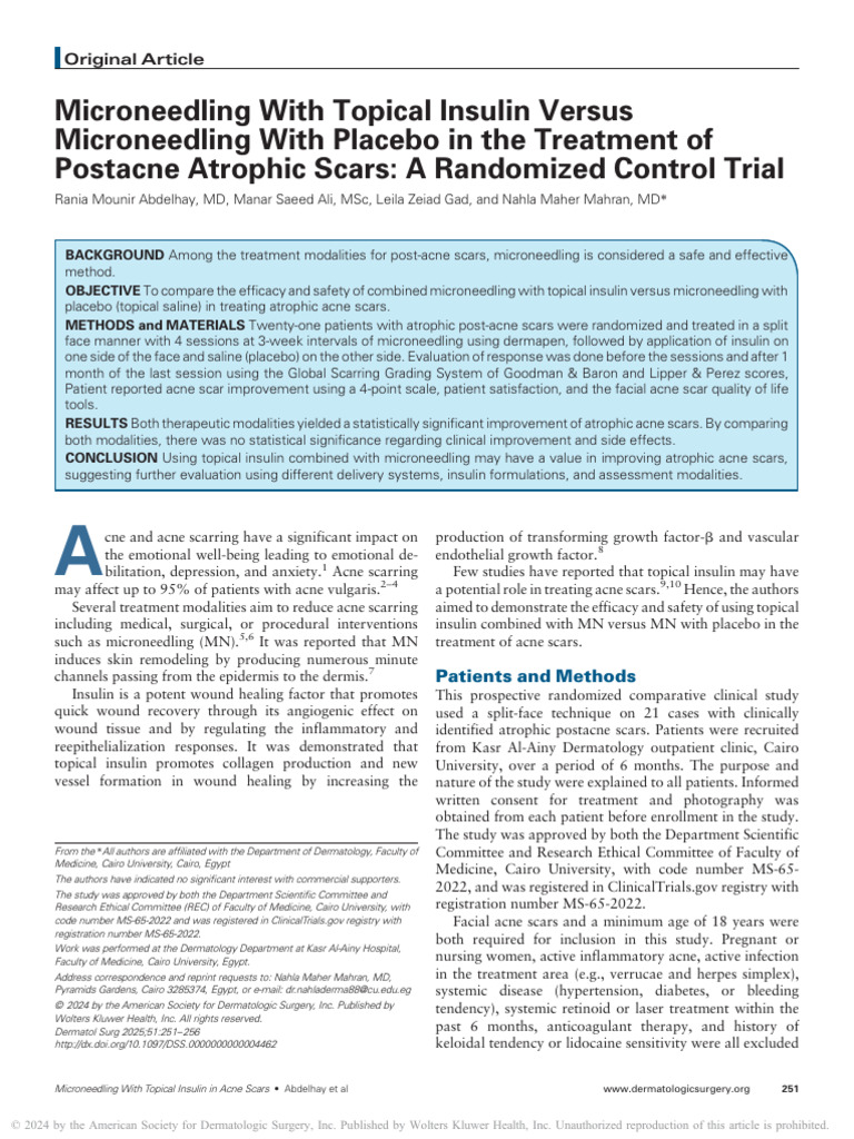 Microneedling with Insulin for Acne Scars | PDF | Scar | Wound Healing