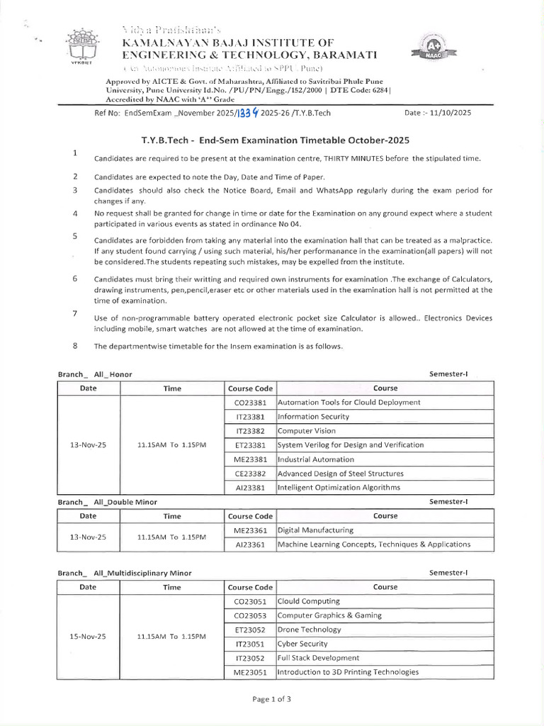 TY - Btech Examination Time Table ESE November 2025 | PDF