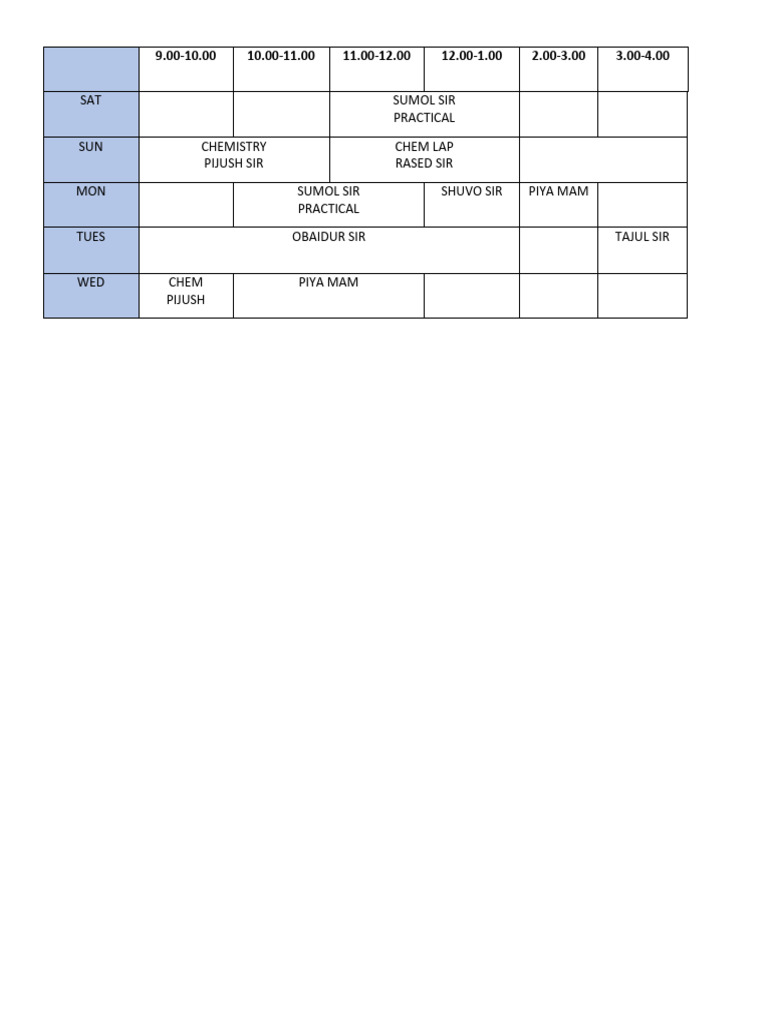 Weekly Class Schedule Overview | PDF