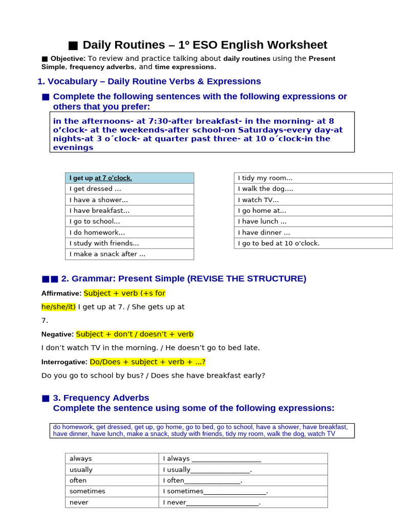 REVISION WORKSHEET DAILY ROUTINES AND PRESENT SIMPLE | PDF | Subject ...