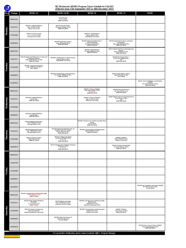 Fall 2025 BEME Class Schedule | PDF | Computing | Computer Engineering