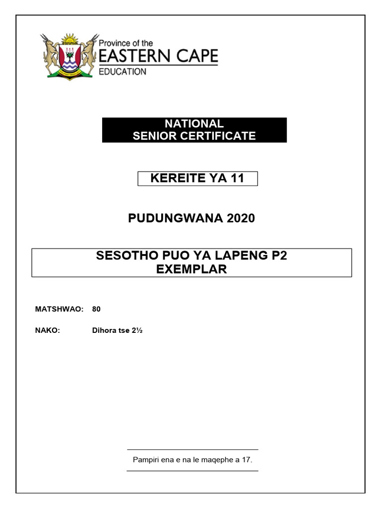 Sesotho Puo Ya Lapeng P2 Exemplary Exam | PDF | Language Arts ...