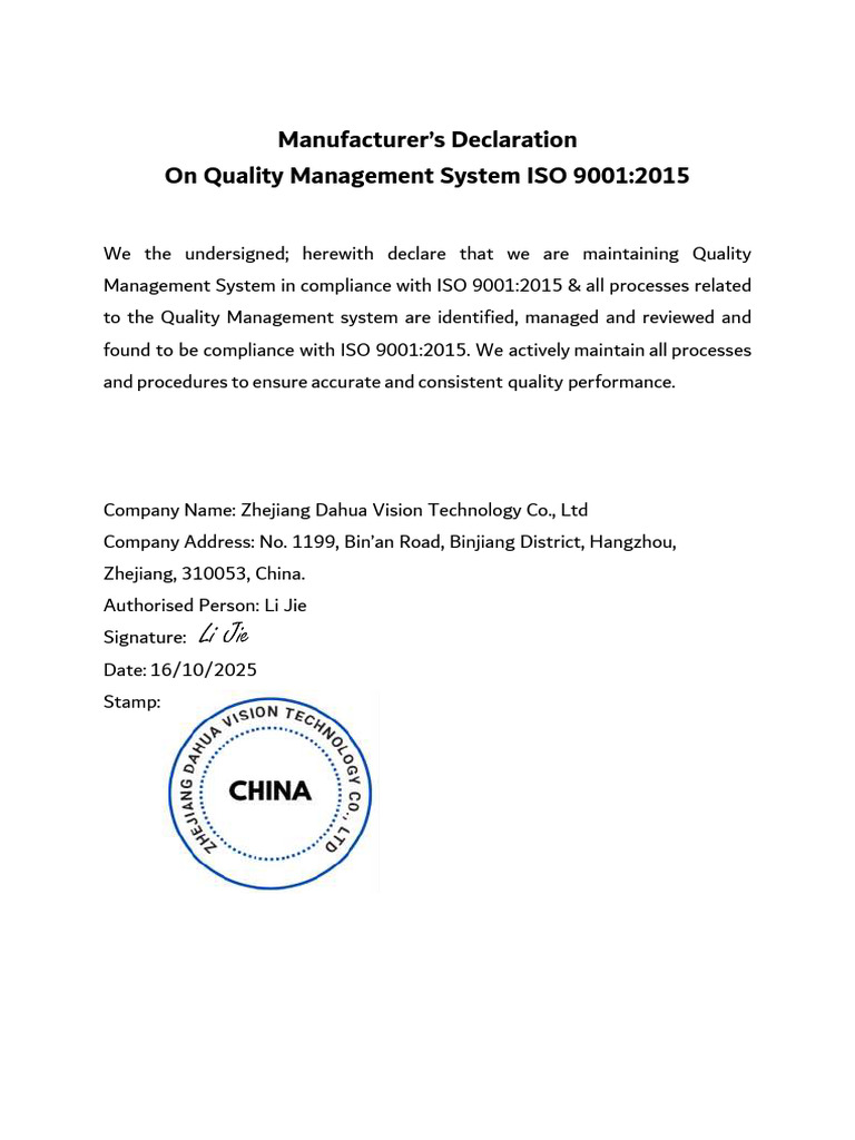 ISO 9001:2015 Quality Declaration | PDF