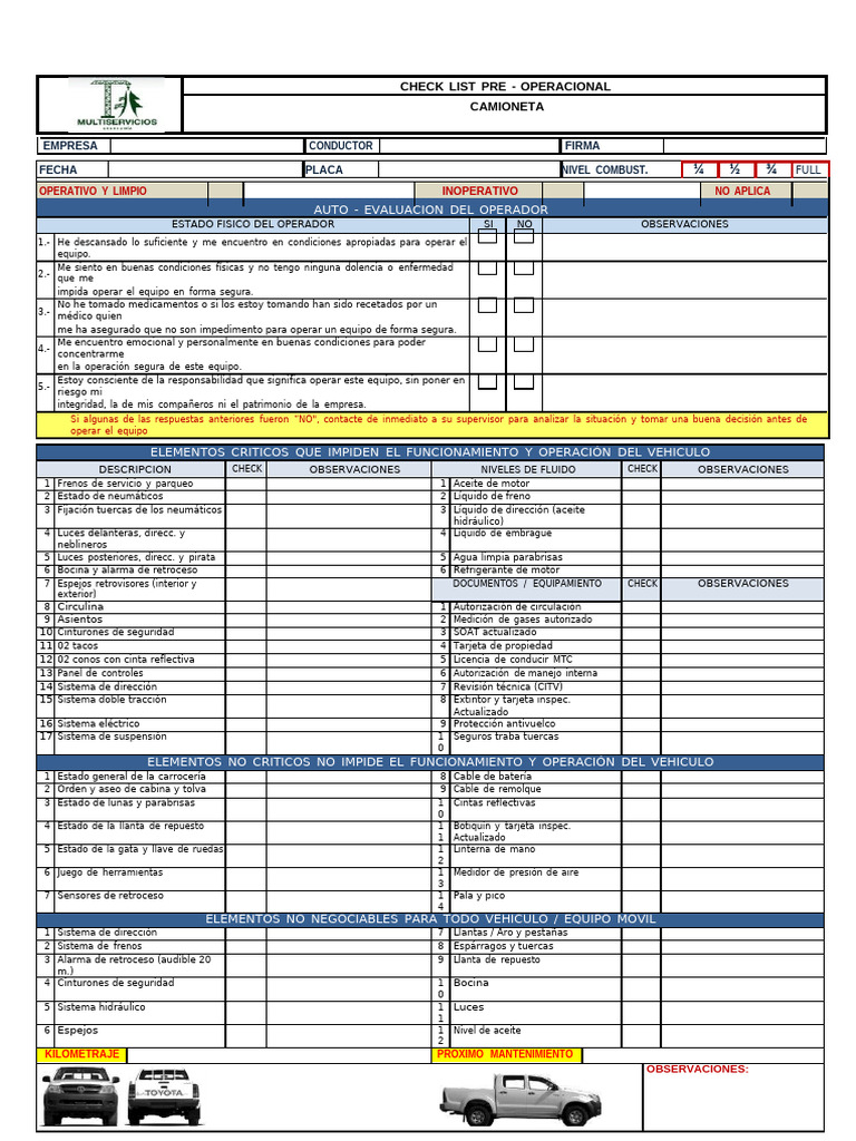 Checklist Pre-Operacional Camioneta | PDF | Tecnología de vehículos | Coche