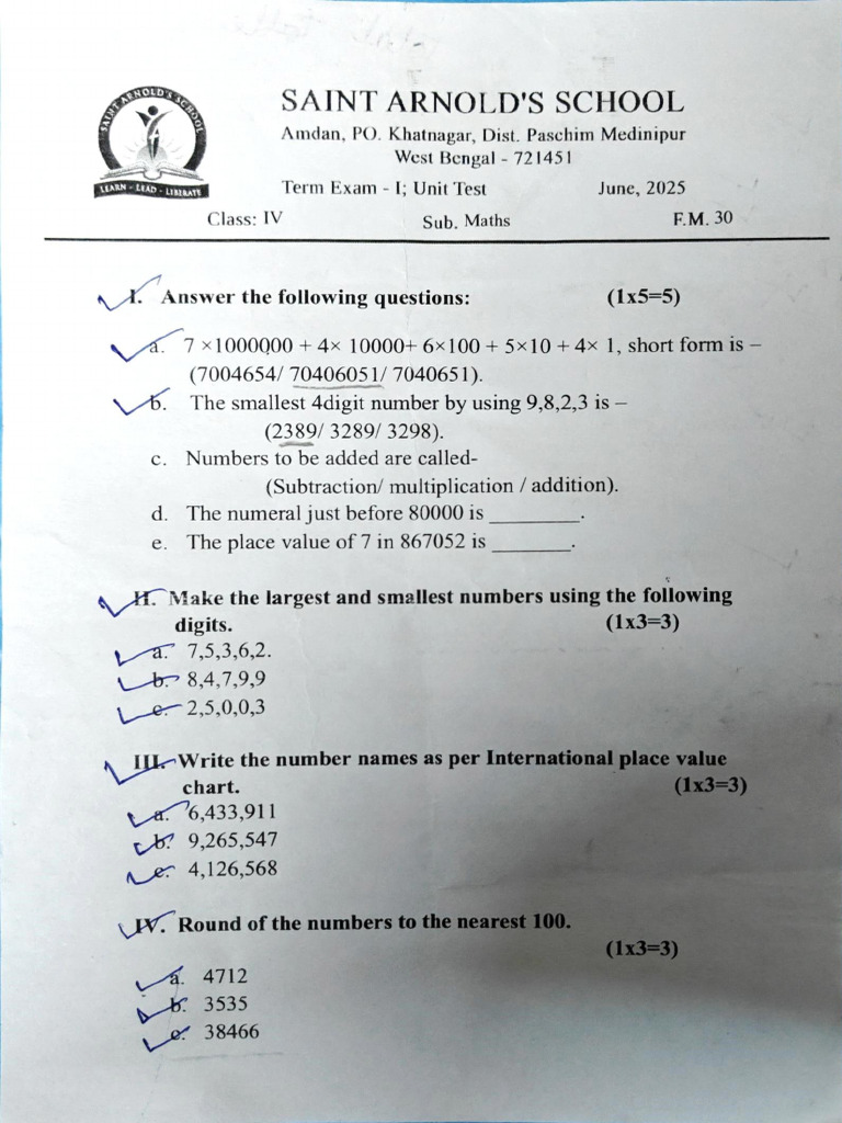 Class IV Maths Term Exam Questions | PDF