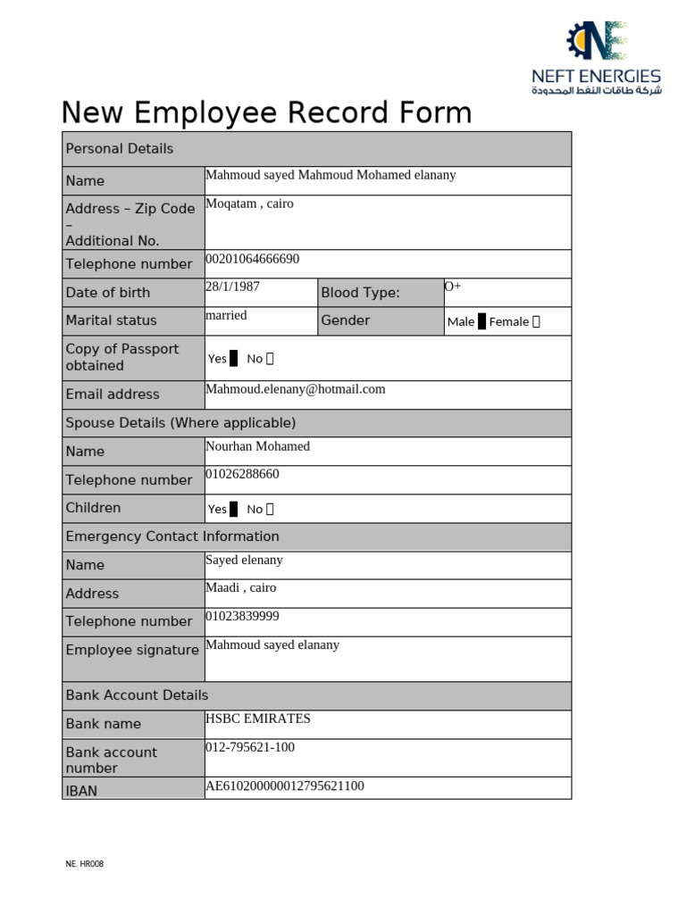 NE - HR008 New Employee Record Form | PDF
