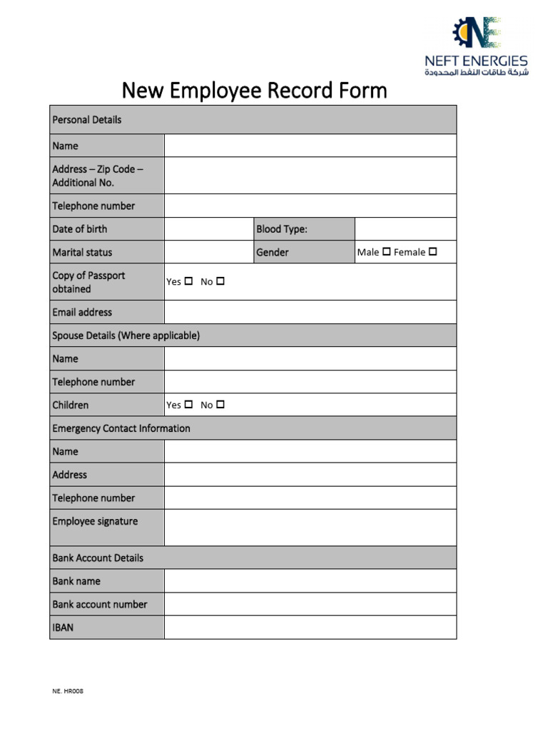 NE - HR008 New Employee Record Form | PDF
