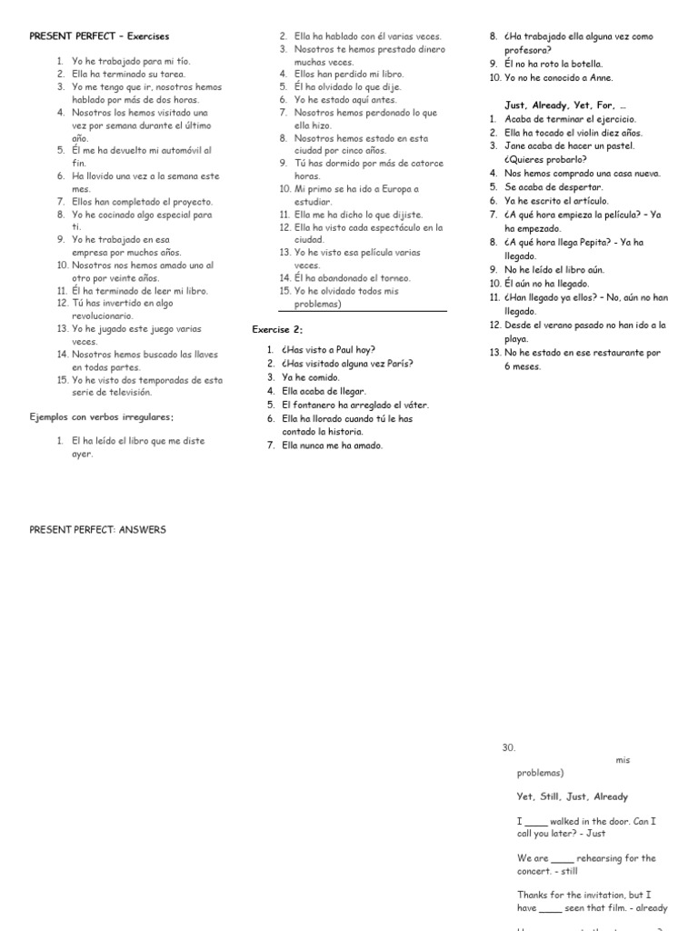 Ejercicios de Presente Perfecto en Inglés | PDF