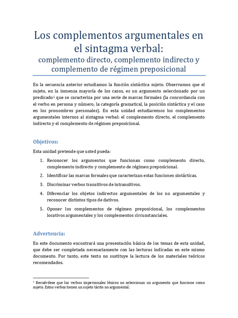 Complementos argumentales en el verbo | PDF | Objeto (gramática ...
