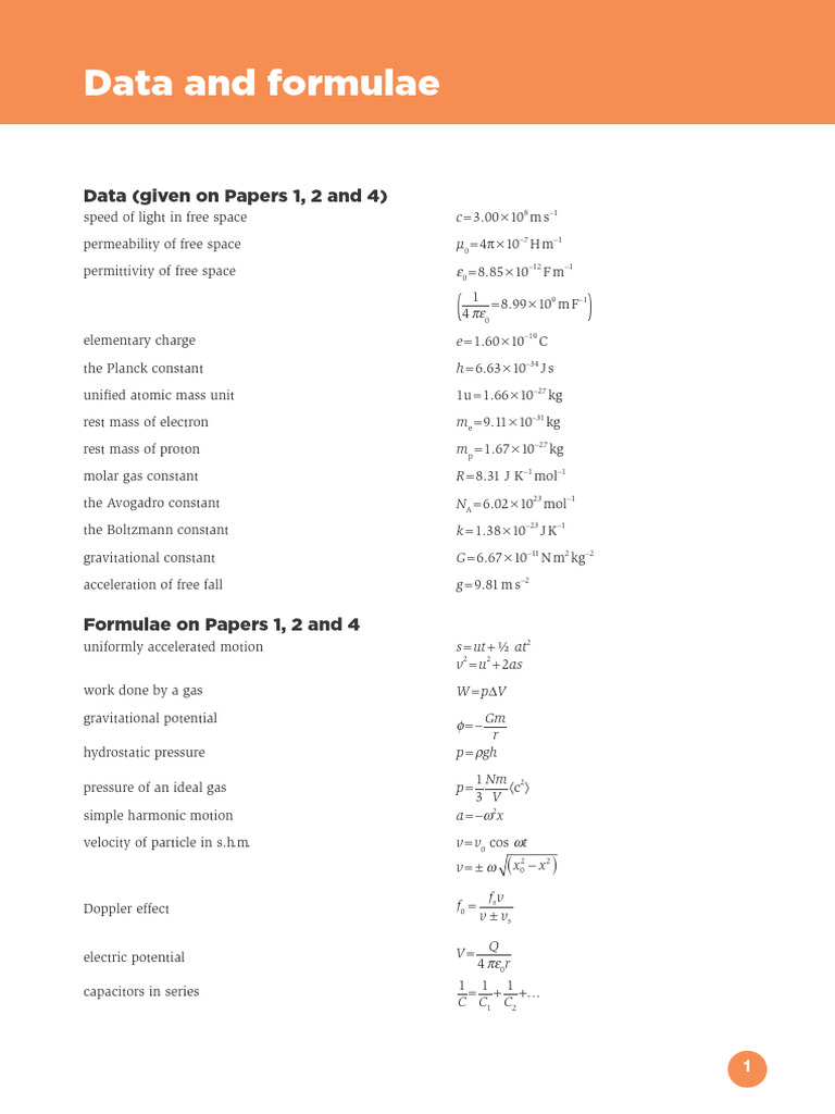 Essential Physics Data and Formulae | PDF | Gases | Mass
