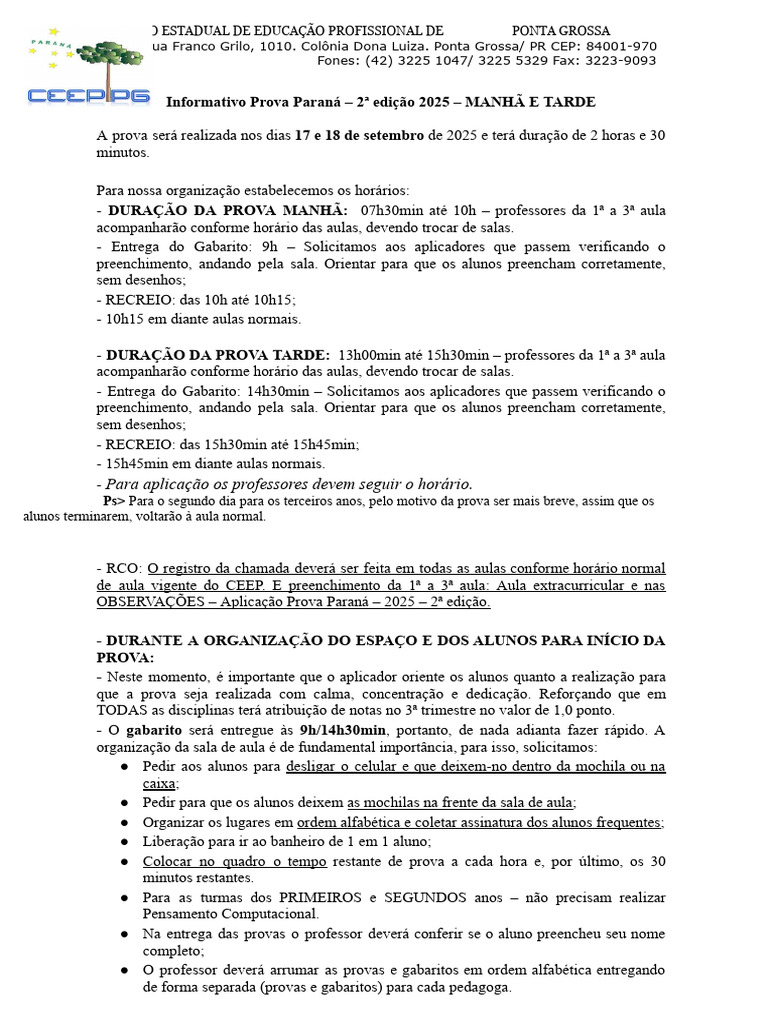 Prova Paraná 2025: Detalhes e Horários | PDF