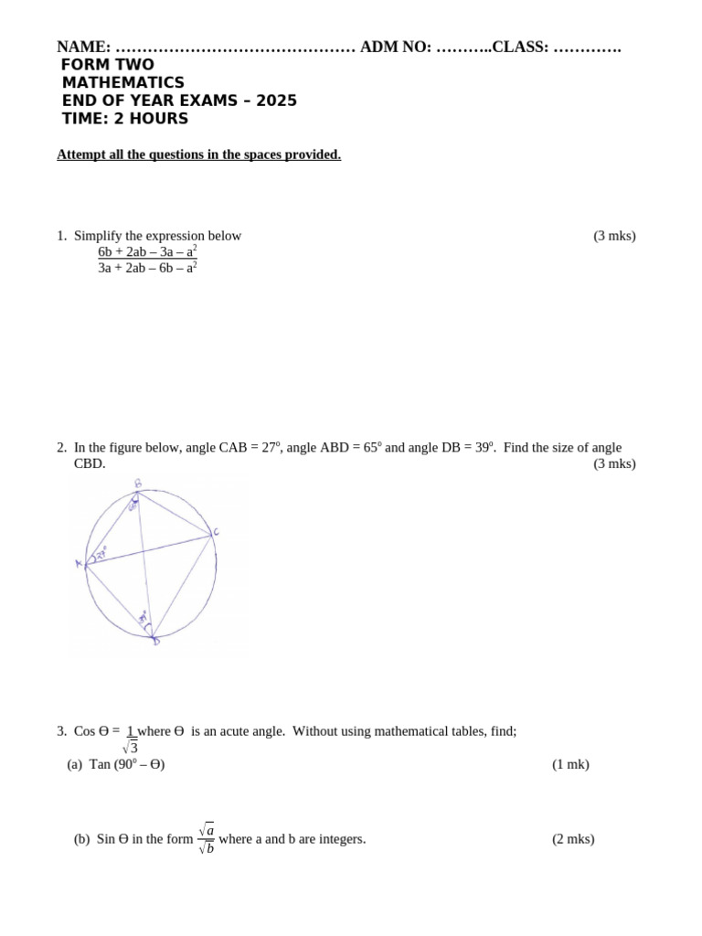 2025 Mathematics f2 Qs End t3 s2 Teacher Co Ke | PDF