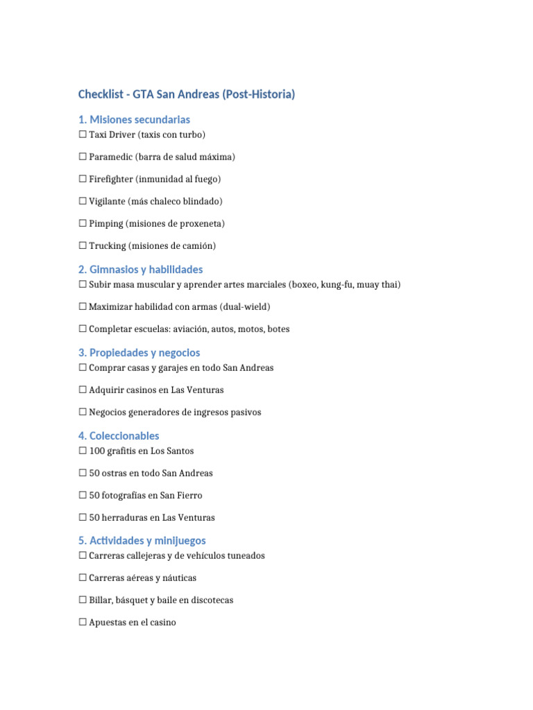 Checklist GTA SanAndreas | PDF