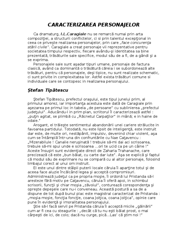 O Scrisoare Pierduta - Caracterizarea Personajelor | PDF