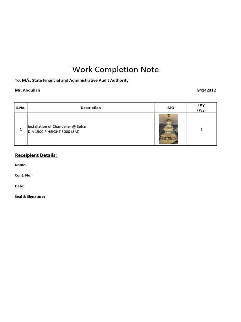 Chandelier Installation Work Note | PDF