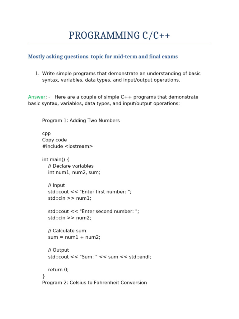 1 Programming C Question 1 | PDF