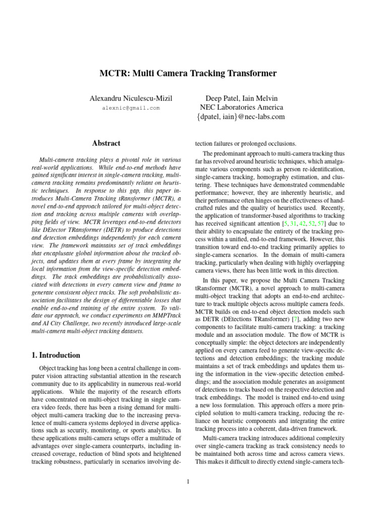 Multi-Camera Tracking Transformer (MCTR) | PDF | Applied Mathematics