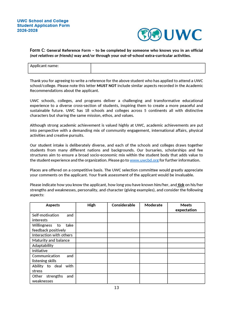 UWC India Application Reference Form 2026 | PDF | Social Psychology ...
