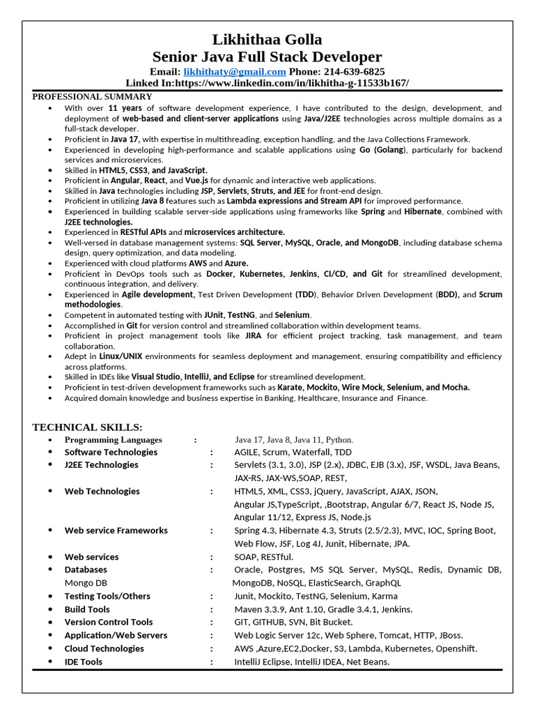 Senior Java Full Stack Developer Resume | PDF | Angular Js | Web ...