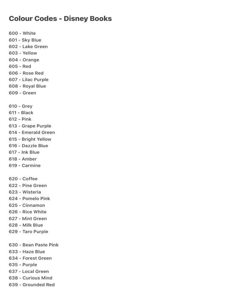 Disney Books Colour Codes List | PDF | Color | Cascading Style Sheets
