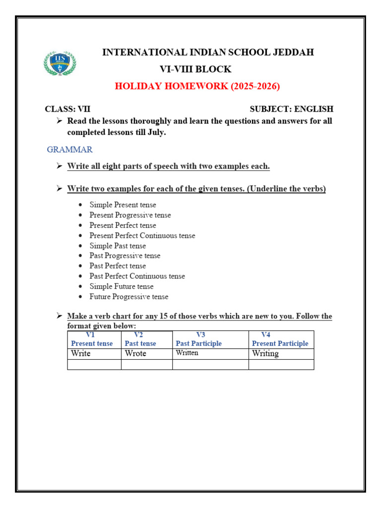 Class VII Holiday Homework 2025-2026 | PDF | Grammatical Tense ...